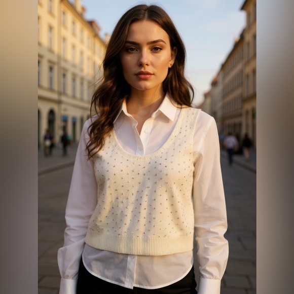 Vintage St. John Cream Wool Sweater Vest Gold Studded Size Large - Picture 8 of 8